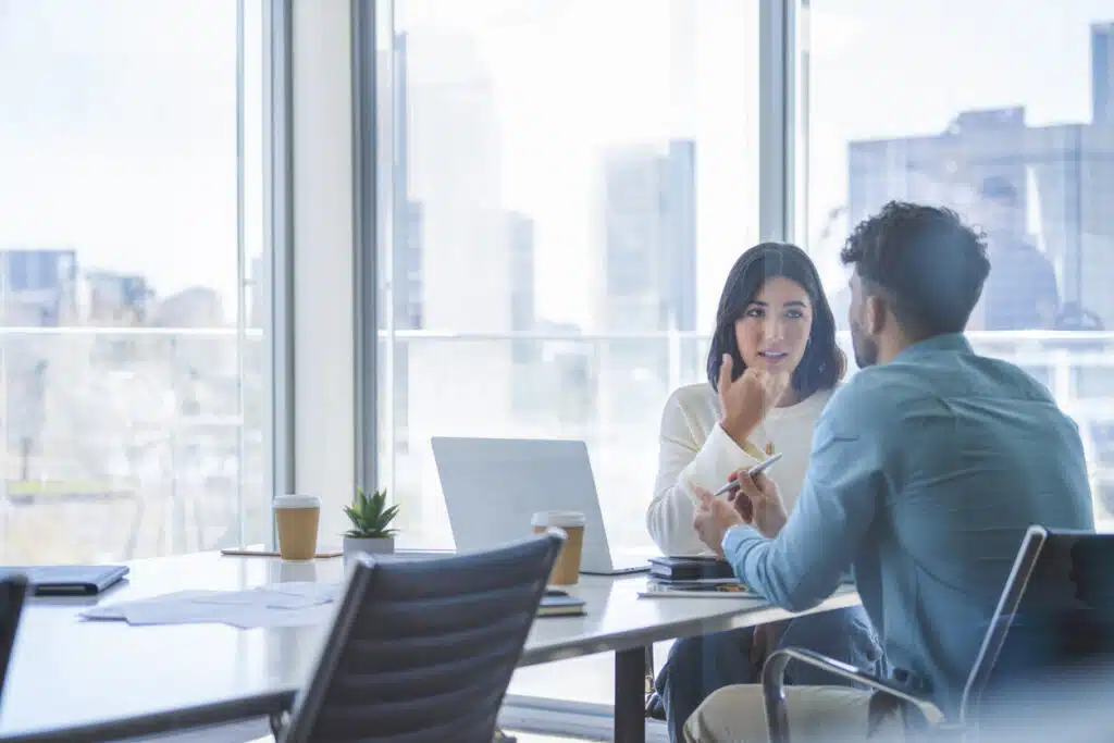 Business woman and man meeting and talking interview process